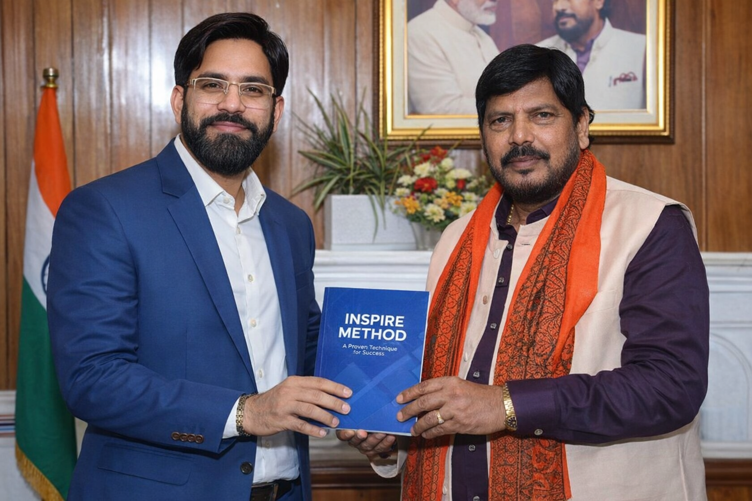 Dr Sudhir Pawar, Director IRME, presenting the INSPIRE Method book to Hon’ble Minister of State Shri Ramdas Athawle, Ministry of Social Justice and Empowerment, Government of India
